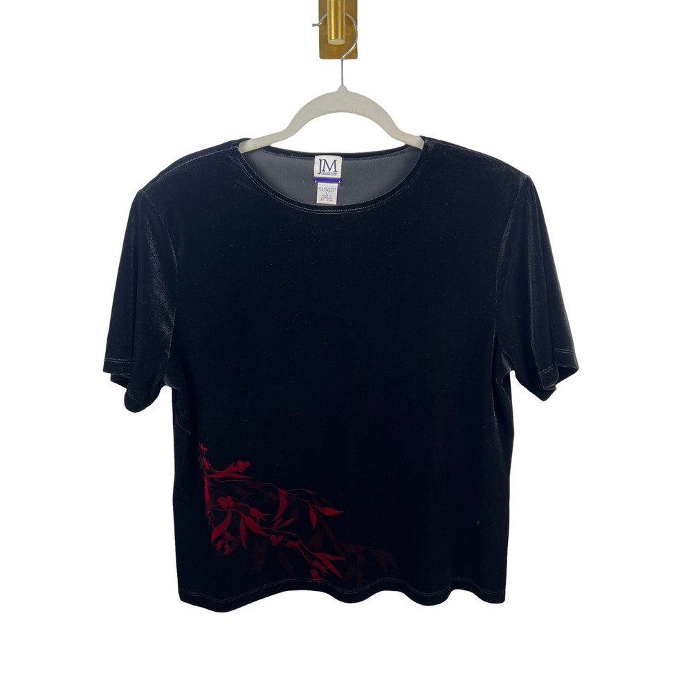 JM Collection Floral Velvet Top Black Red Graphic Whimsigoth Shoulder Pads Large